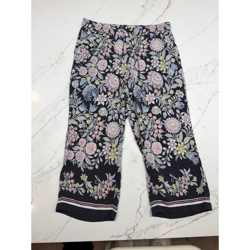 LOFT Petites Floral Wide Leg Crop Pants Navy Blue Pink MP Viscose